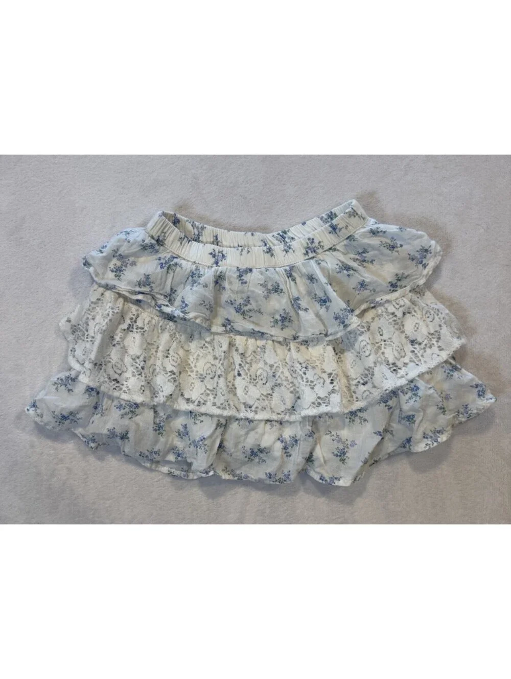 Abercrombie Kids Floral Ruffle Tiered Lace Mini Skirt White Blue 11/12